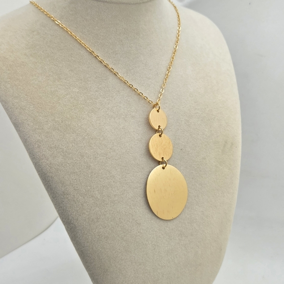 18K Gold Plated Brushed Disc Drop Necklace – Long 32” Chain - Picture 3 of 10